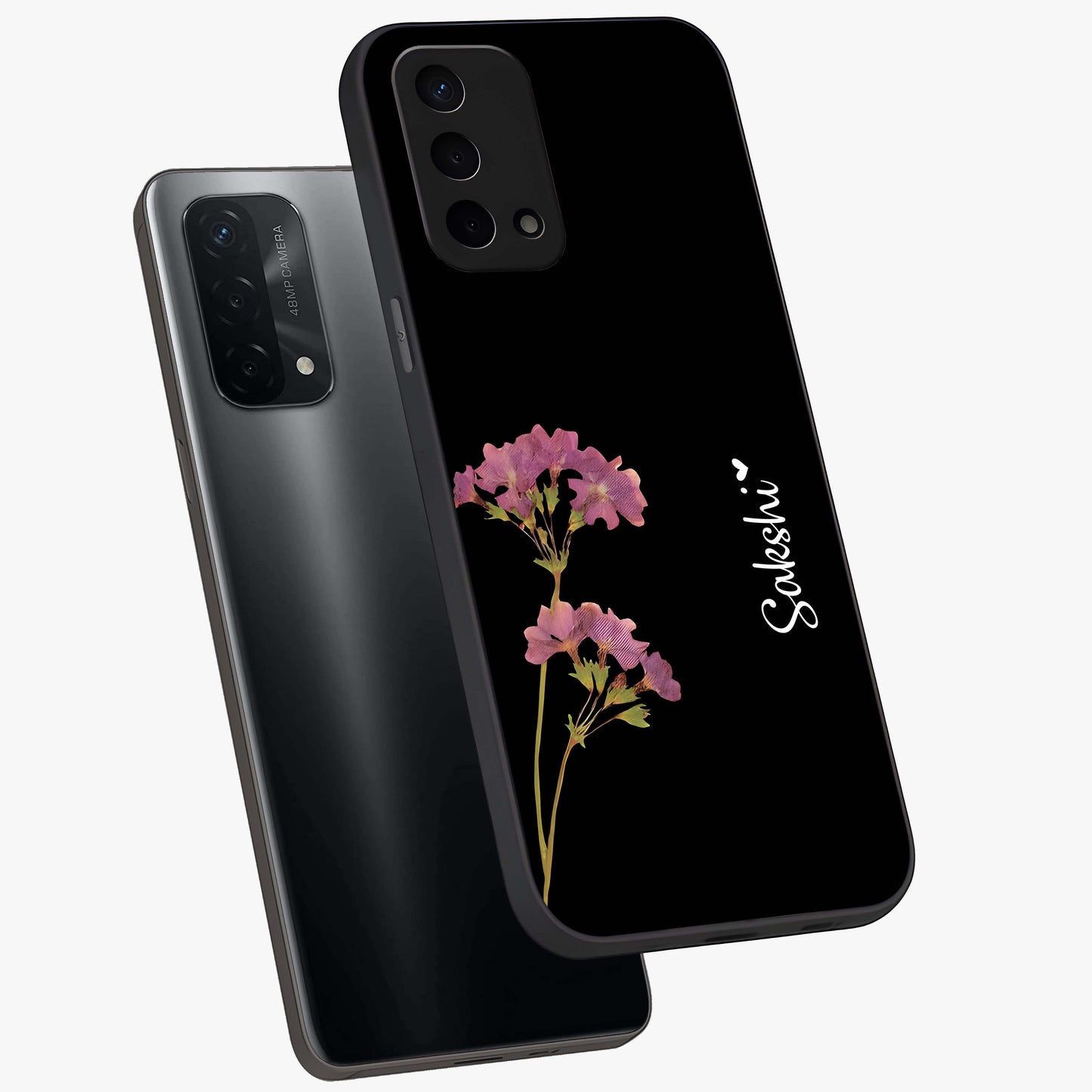Riching Lavender Flower Custom Name Glass Case displayed in angled mockup highlighting delicate lavender flower design with custom name feature.