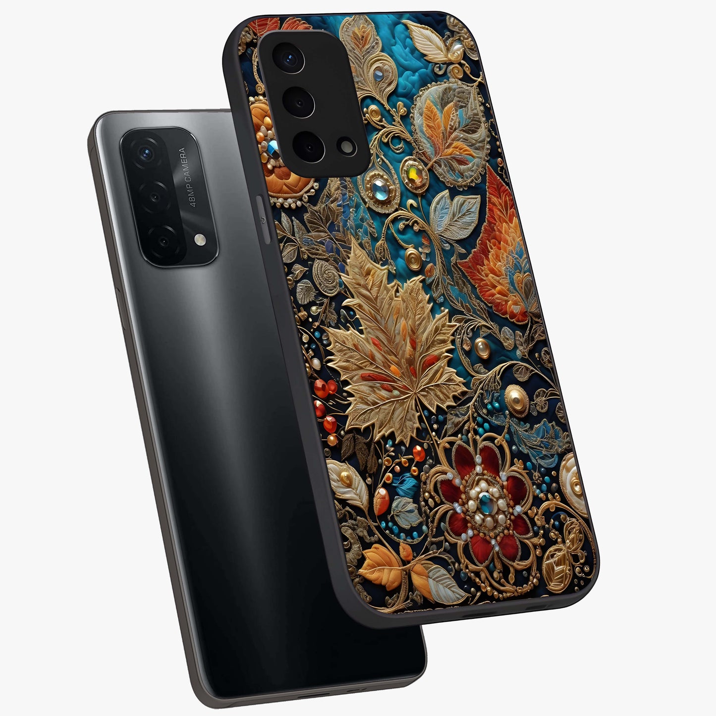 Royal Jewel Garden Glass Case displayed in angled mockup highlighting vibrant jewel inspired floral design with elegant aesthetic.