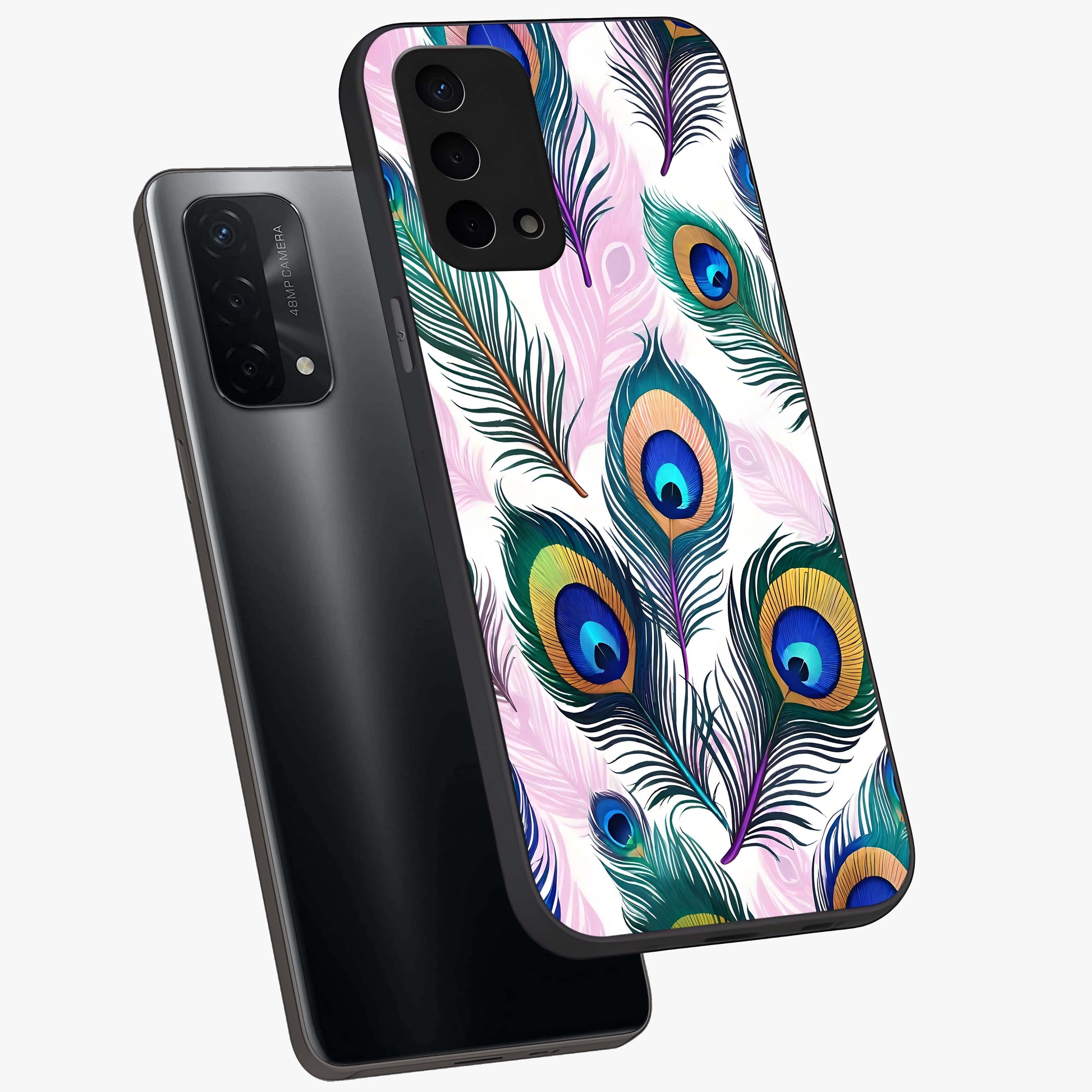 Royal Peacock Feathers Glass Case displayed in angled mockup highlighting vibrant feather pattern with regal aesthetic style.