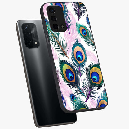 Royal Peacock Feathers Glass Case displayed in angled mockup highlighting vibrant feather pattern with regal aesthetic style.