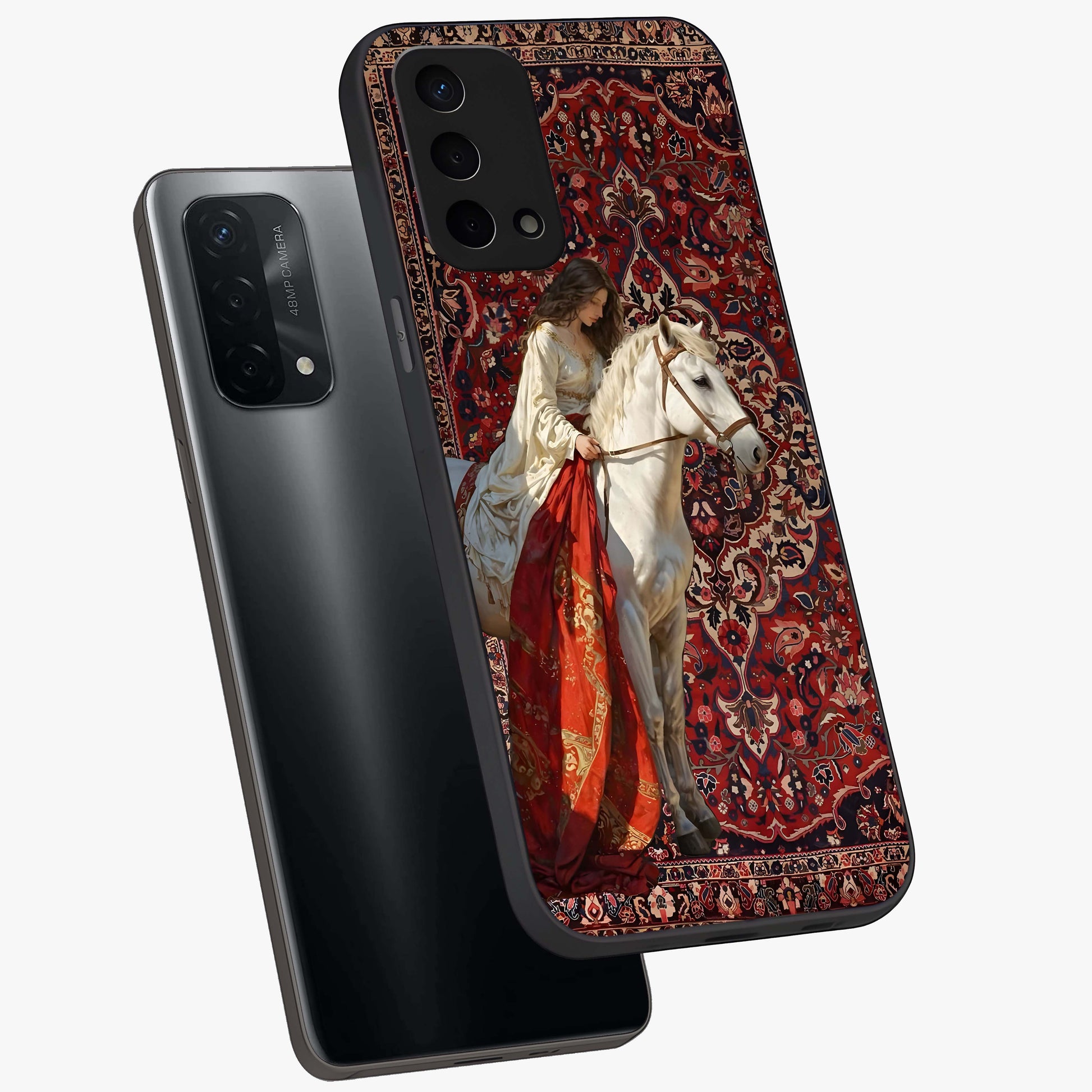 Royal Rider Tapestry Glass Case displayed in angled mockup highlighting traditional tapestry design with royal heritage aesthetic.