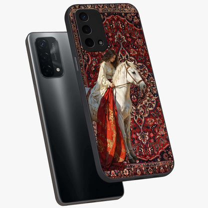 Royal Rider Tapestry Glass Case displayed in angled mockup highlighting traditional tapestry design with royal heritage aesthetic.