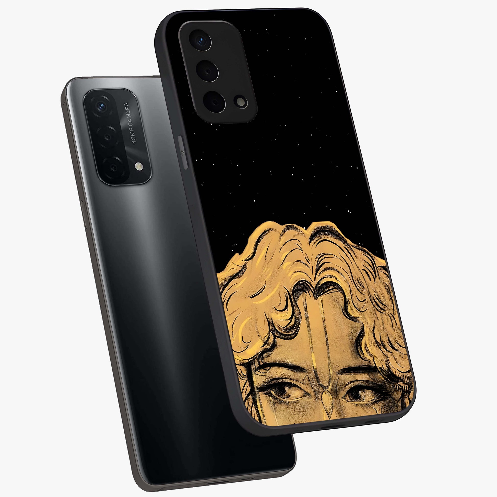 Shri Krishna Art Glass Case displayed in angled mockup highlighting spiritual Krishna illustration with divine aesthetic.