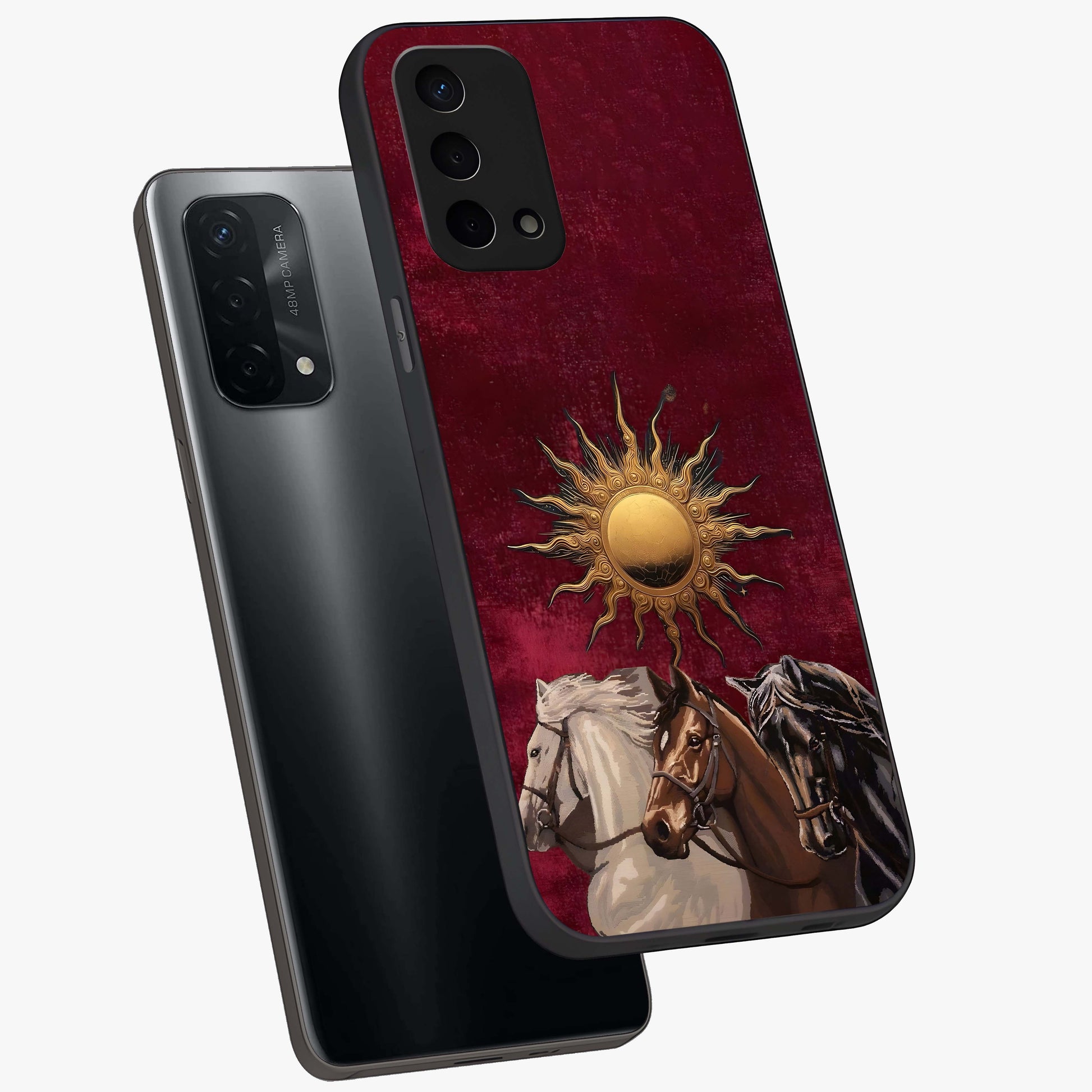 Solar Riders Glass Case displayed in angled mockup highlighting powerful rider illustration with radiant solar aesthetic.