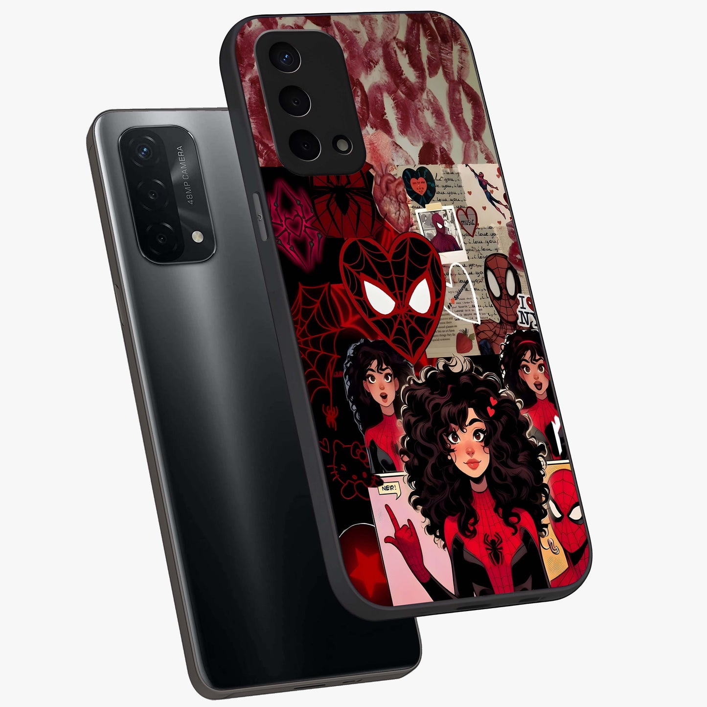 Spider Love Story Glass Case displayed in angled mockup highlighting expressive comic inspired design with playful aesthetic.