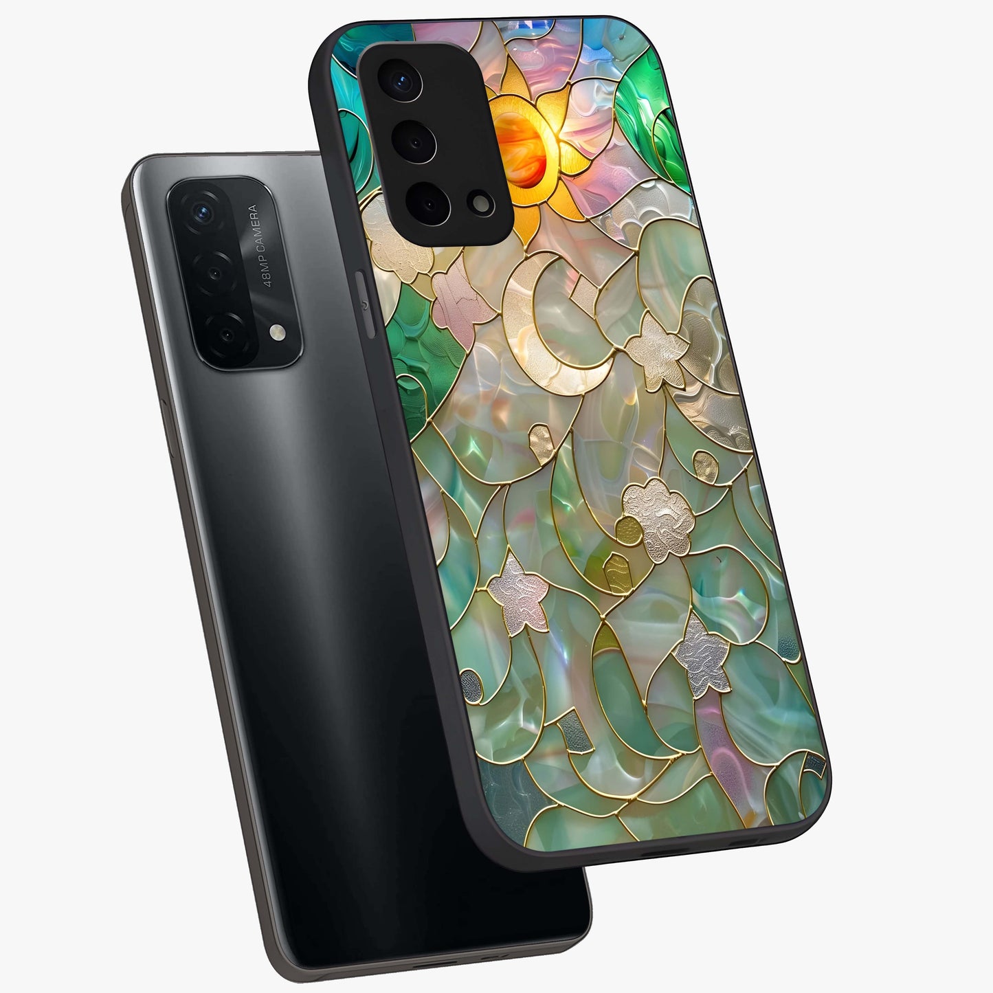 Stained Sunrise Glow Glass Case displayed in angled mockup highlighting radiant sunrise design with artistic aesthetic style.