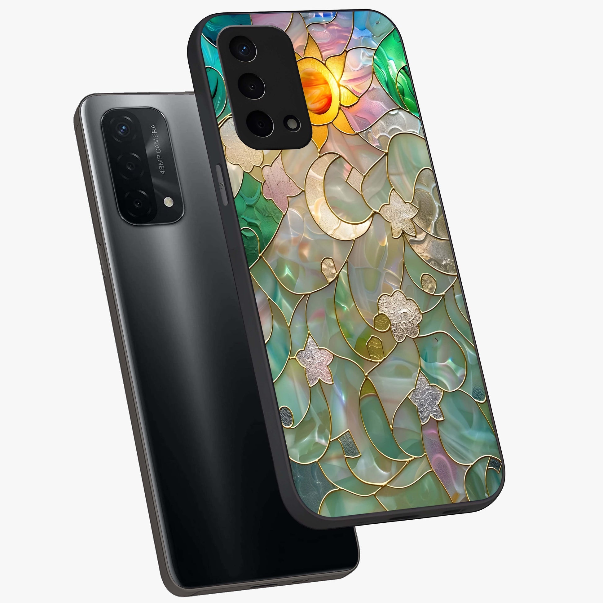 Stained Sunrise Glow Glass Case displayed in angled mockup highlighting radiant sunrise design with artistic aesthetic style.