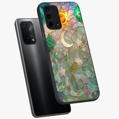 Stained Sunrise Glow Glass Case displayed in angled mockup highlighting radiant sunrise design with artistic aesthetic style.