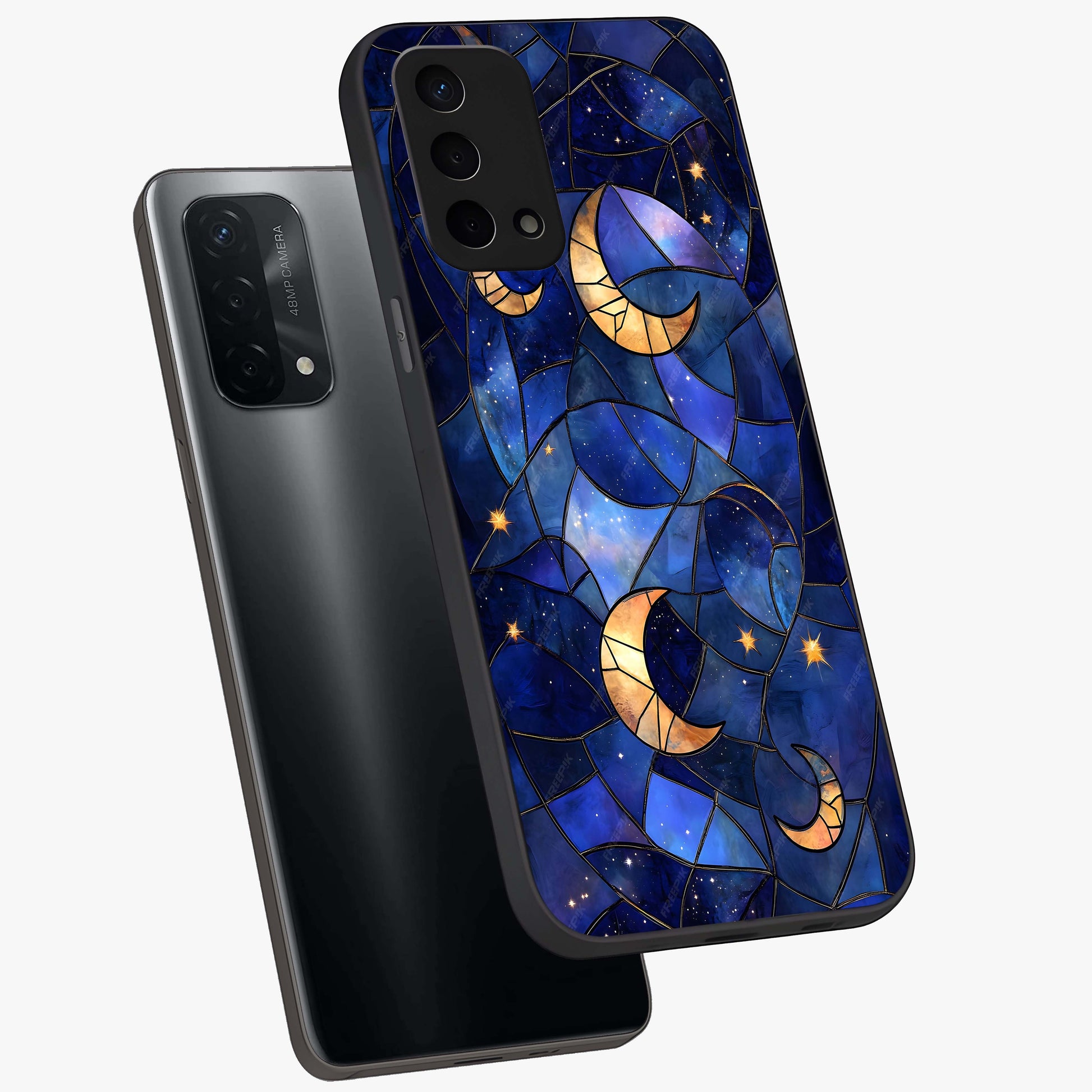 Starlit Sky Tapestry Glass Case displayed in angled mockup highlighting celestial night pattern with artistic aesthetic style.