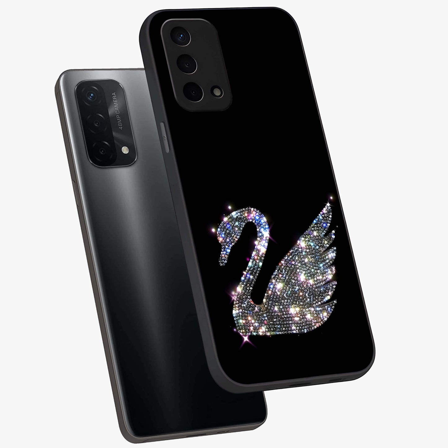 Starlit Swan Grace Glass Case displayed in angled mockup highlighting elegant swan illustration with dreamy celestial aesthetic.