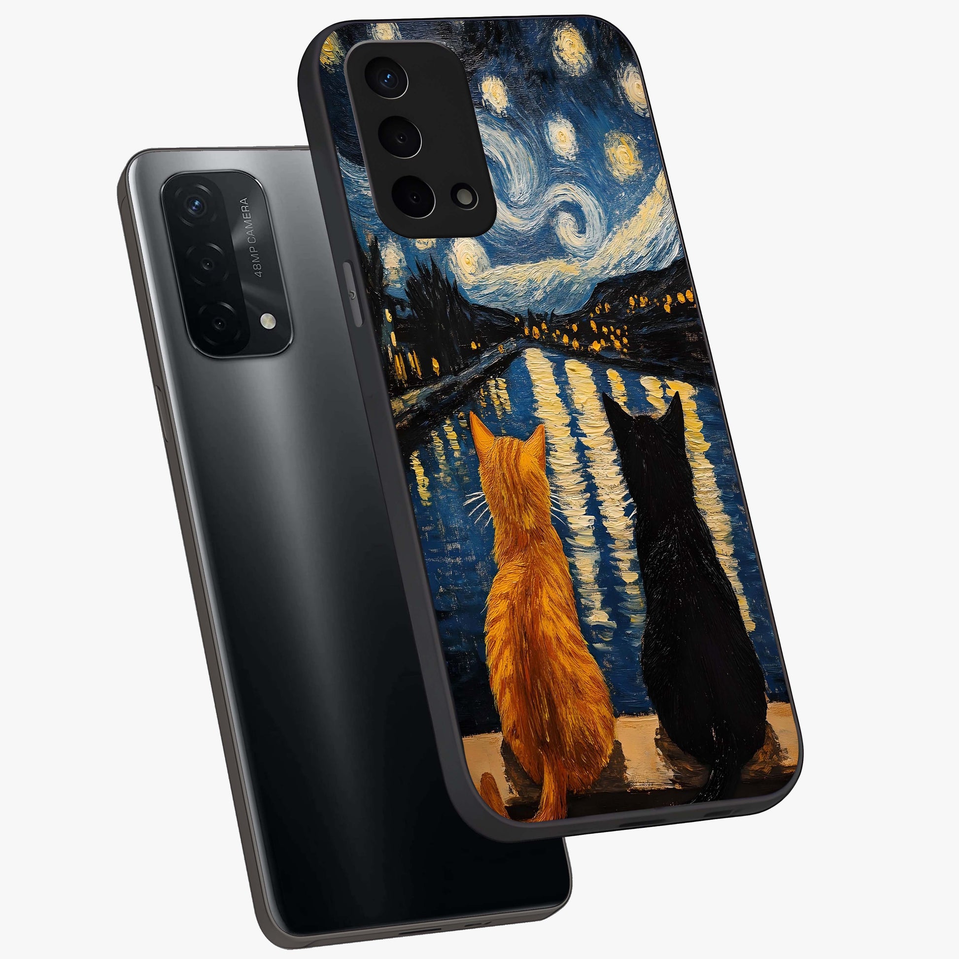Starry River Cats Glass Case displayed in angled mockup highlighting charming feline illustration with dreamy night aesthetic.