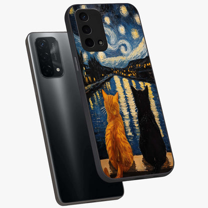 Starry River Cats Glass Case displayed in angled mockup highlighting charming feline illustration with dreamy night aesthetic.
