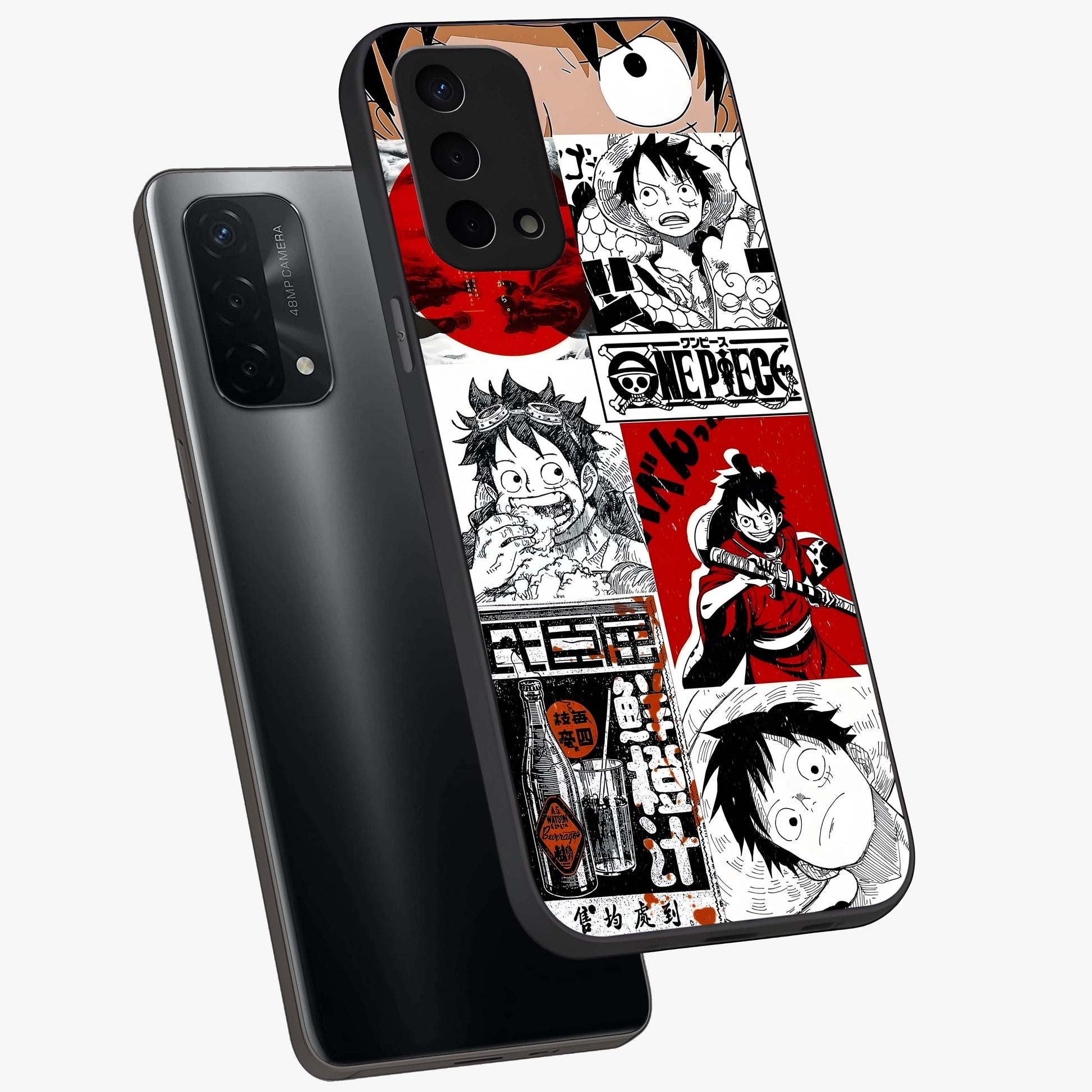 Strawhat Chaos Panels Glass Case displayed in angled mockup highlighting vibrant anime collage design with action aesthetic.