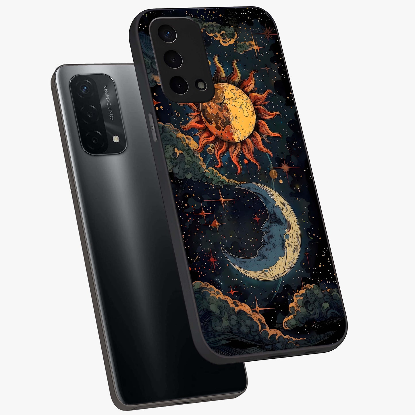 Sun And Moon Magic Design Glass Case displayed in angled mockup highlighting celestial design with magical cosmic aesthetic.