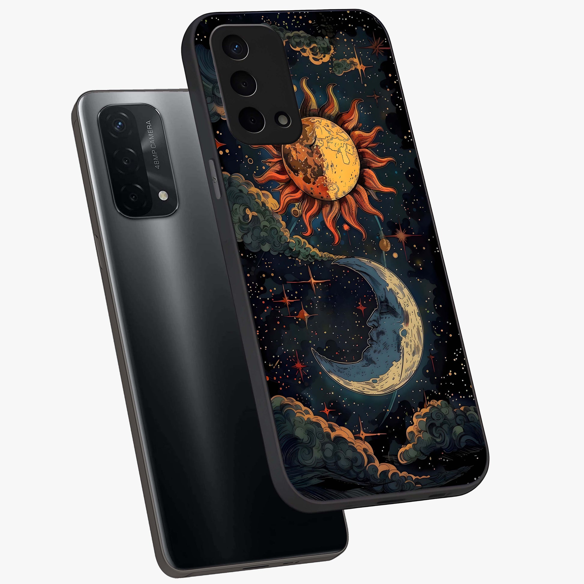 Sun And Moon Magic Design Glass Case displayed in angled mockup highlighting celestial design with magical cosmic aesthetic.