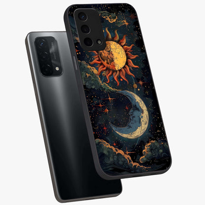 Sun And Moon Magic Design Glass Case displayed in angled mockup highlighting celestial design with magical cosmic aesthetic.