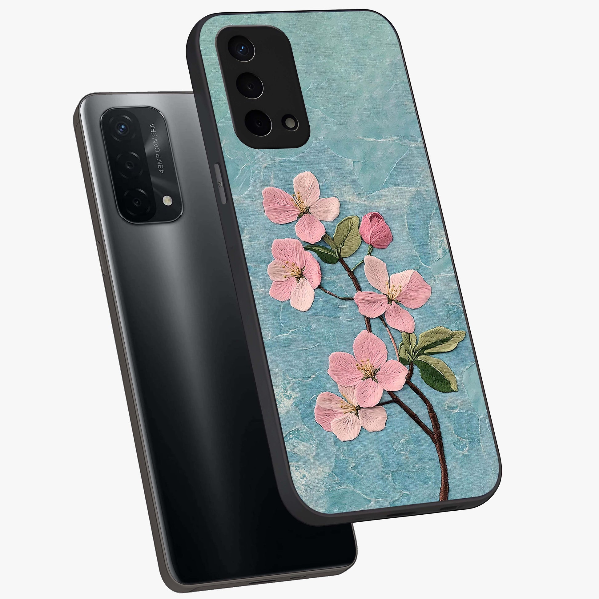 Threaded Blossom Breeze Glass Case displayed in angled mockup highlighting elegant floral design with soft aesthetic style.