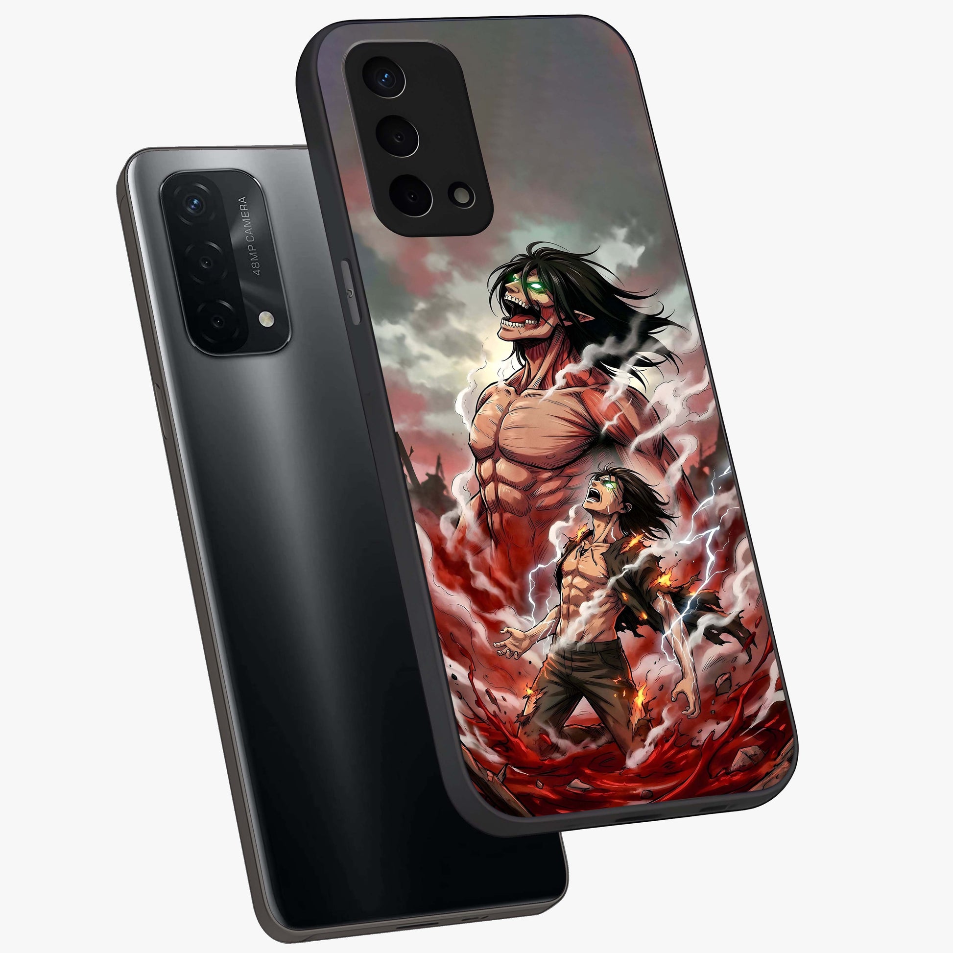 Titan Awakening Fury Glass Case displayed in angled mockup highlighting dramatic giant warrior design with bold anime aesthetic.