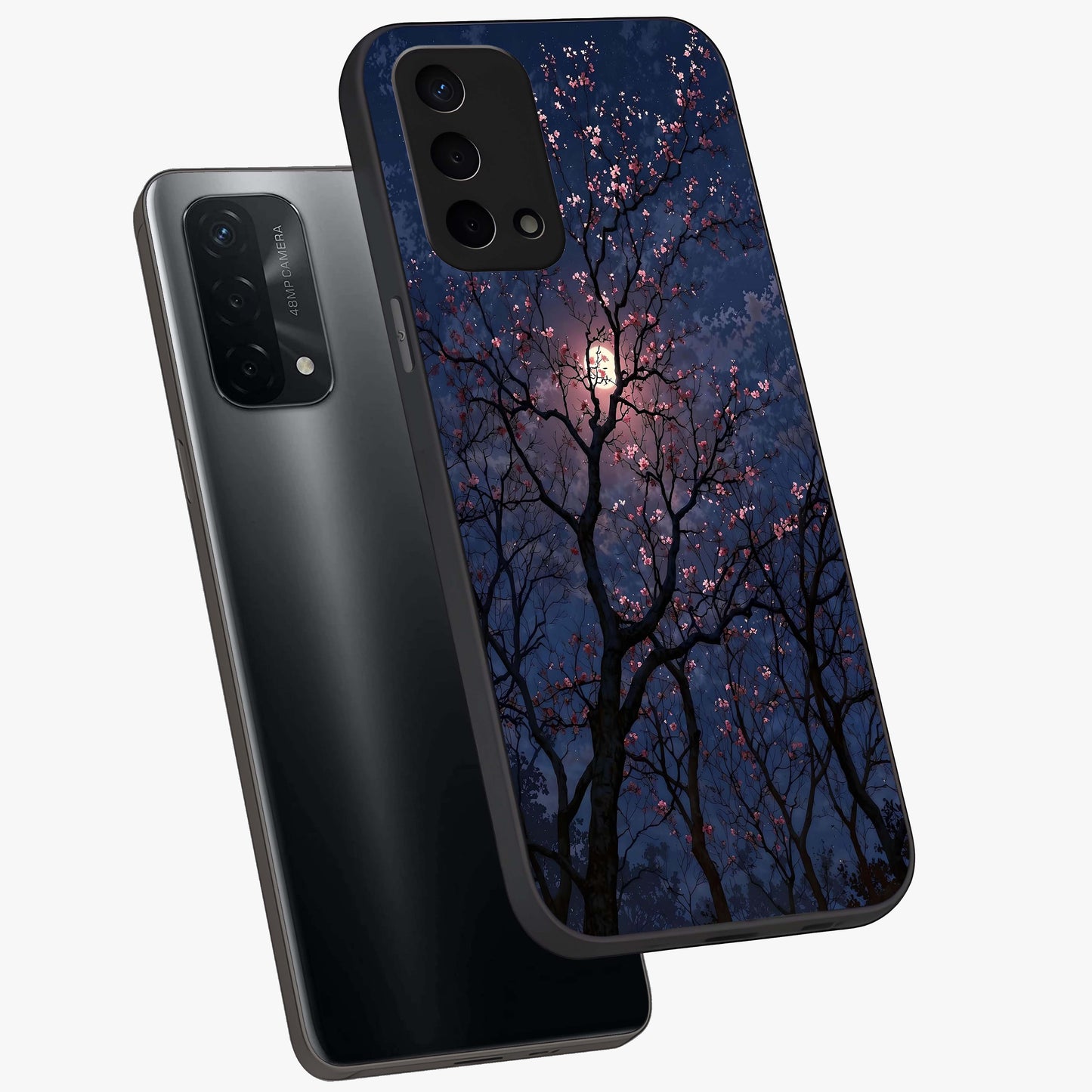 Twilight Sakura Serenade Glass Case displayed in angled mockup highlighting delicate sakura flower design with dreamy aesthetic.