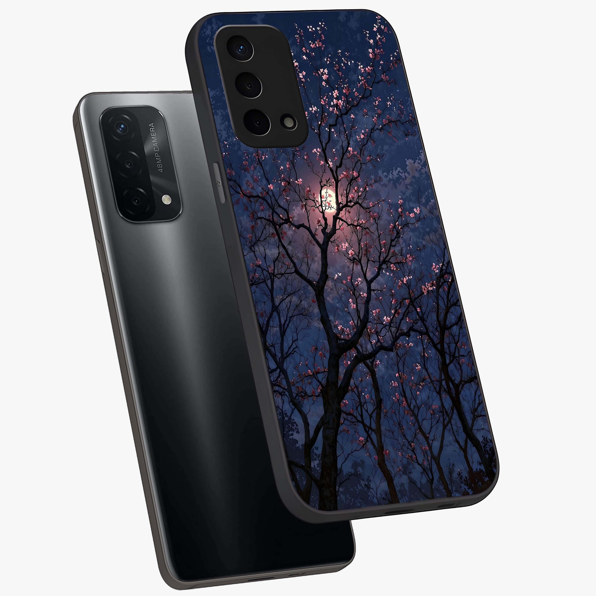 Twilight Sakura Serenade Glass Case displayed in angled mockup highlighting delicate sakura flower design with dreamy aesthetic.