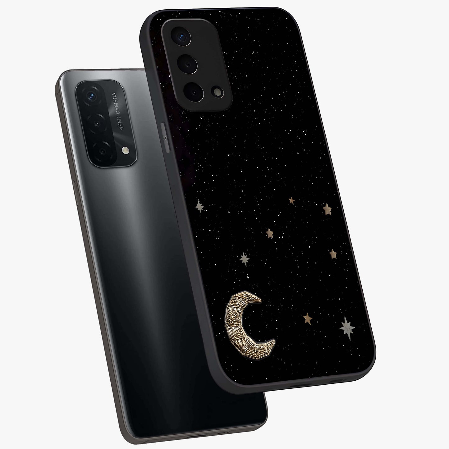 Twinkle Star With Half Moon Glass Case displayed in angled mockup highlighting celestial moon and star design with magical aesthetic.