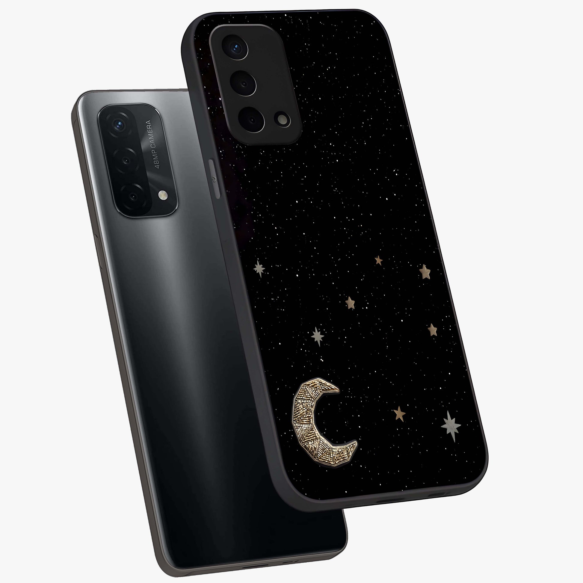 Twinkle Star With Half Moon Glass Case displayed in angled mockup highlighting celestial moon and star design with magical aesthetic.