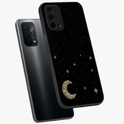 Twinkle Star With Half Moon Glass Case displayed in angled mockup highlighting celestial moon and star design with magical aesthetic.