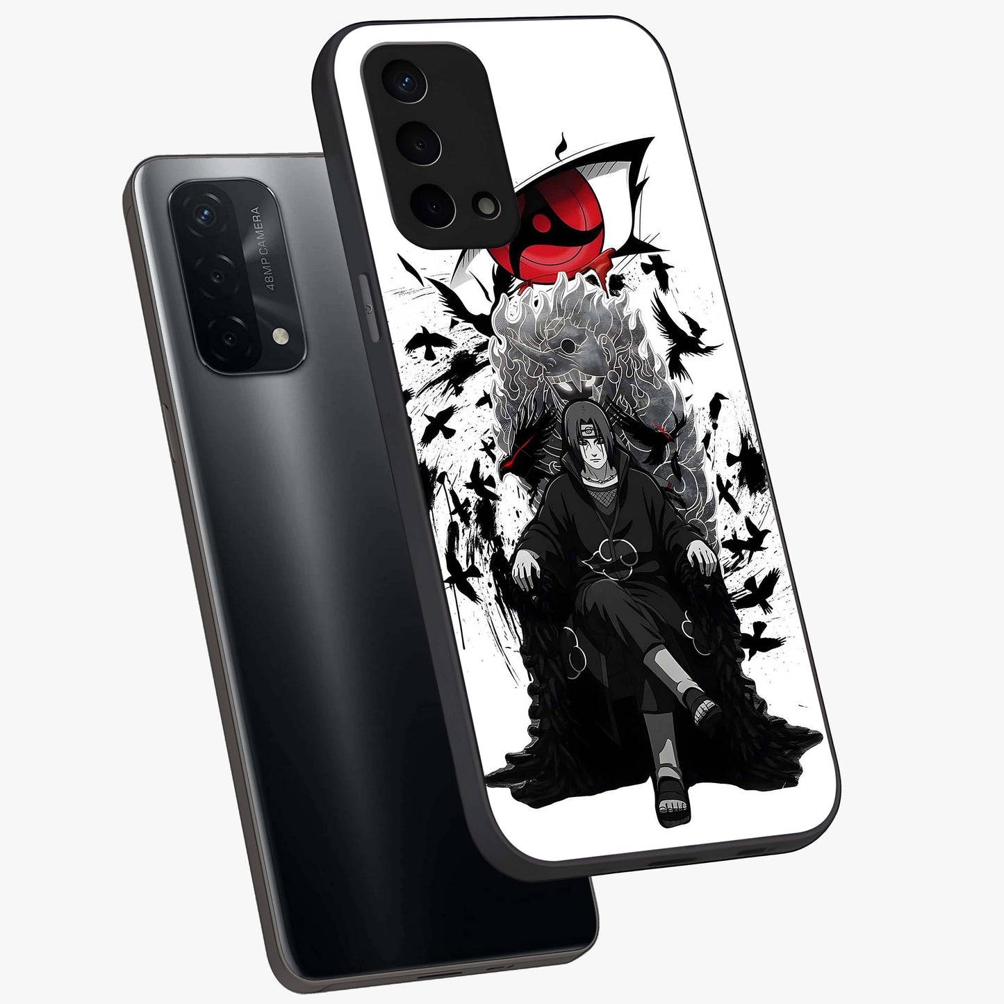 Uchiha Shadow Throne Glass Case displayed in angled mockup highlighting glowing aquatic design with celestial aesthetic.