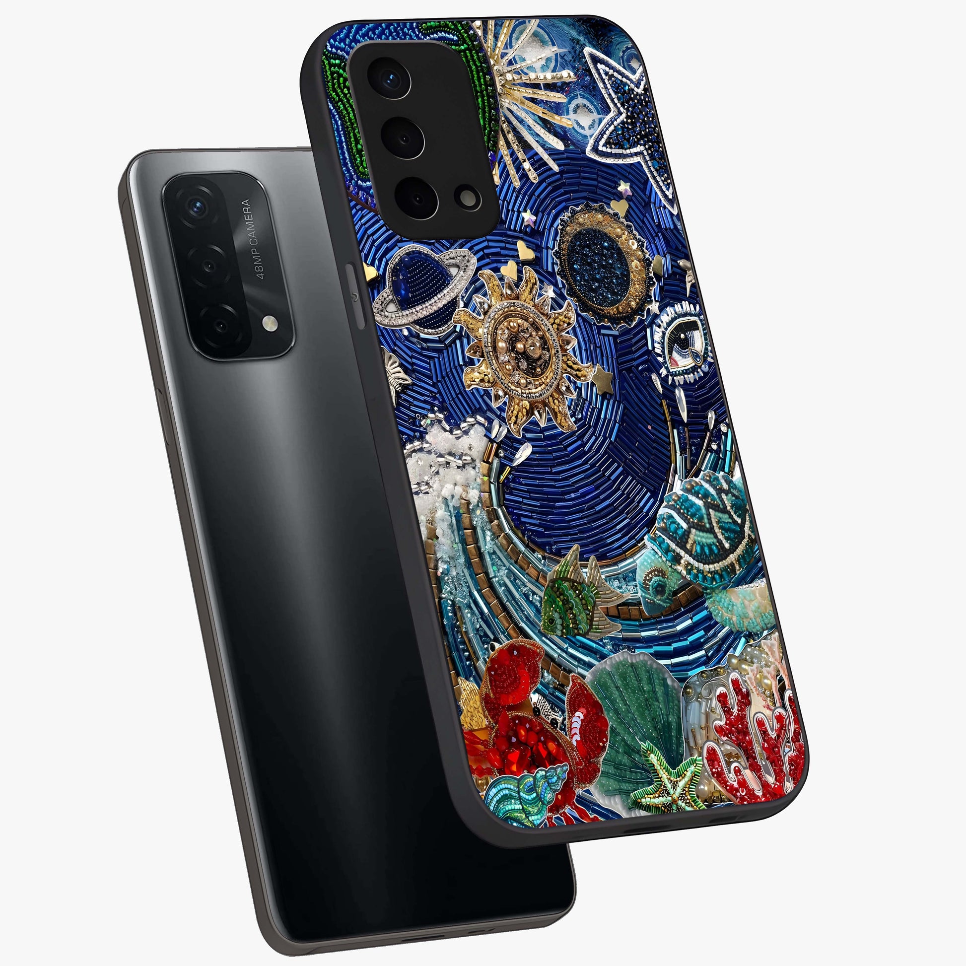 Universe Underwater Spark Glass Case displayed in angled mockup highlighting glowing aquatic design with celestial aesthetic.
