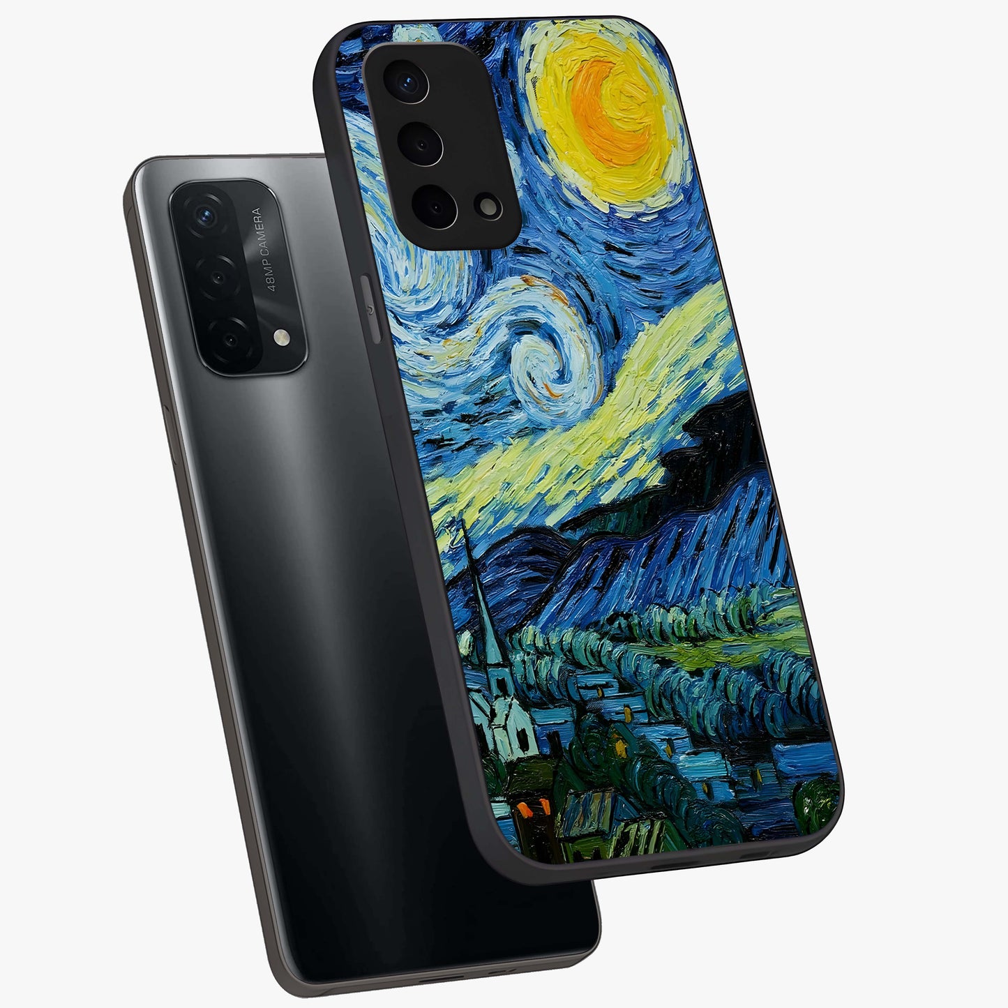 Van Gogh Art Glass Case displayed in angled mockup highlighting swirling brushstroke design with artistic aesthetic.