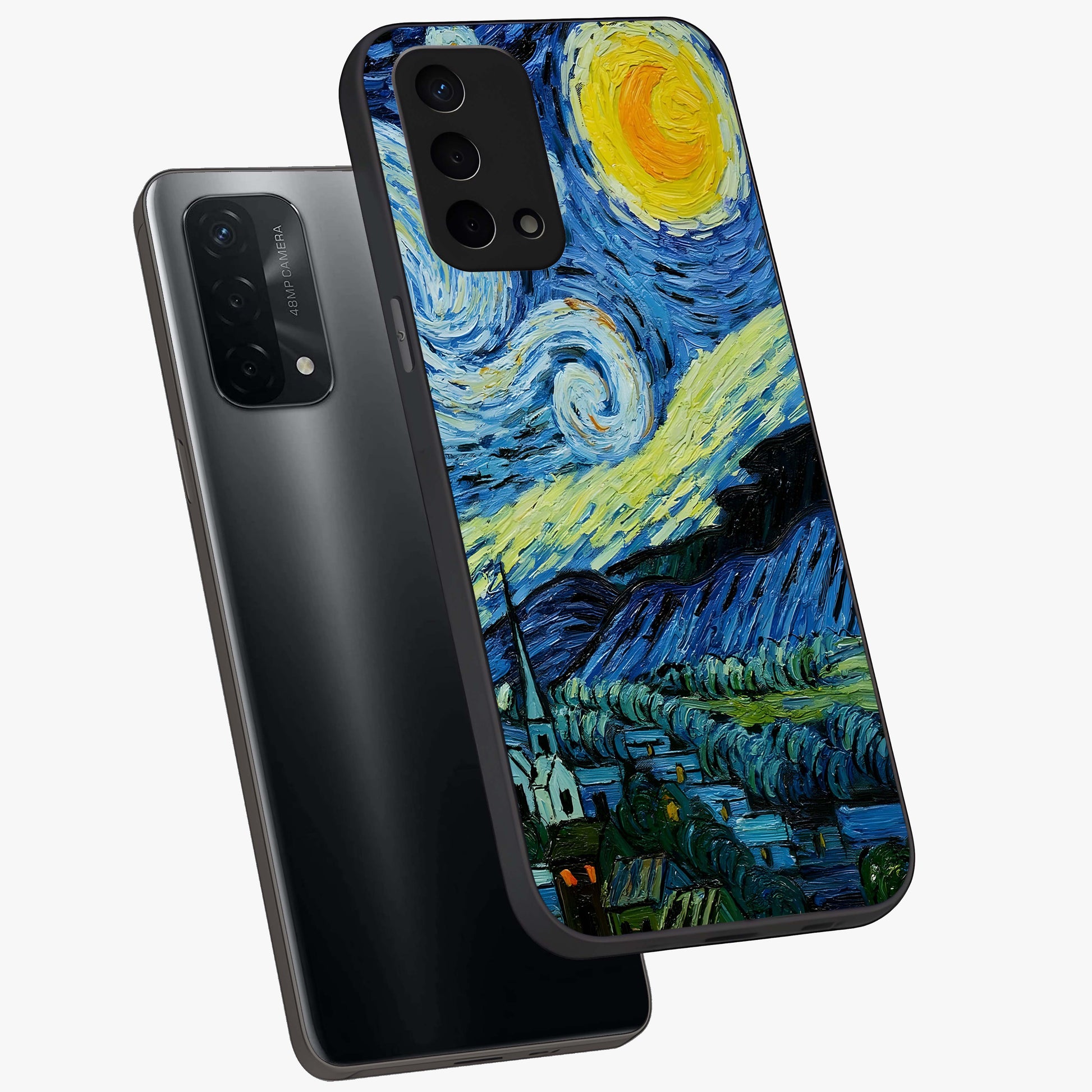 Van Gogh Art Glass Case displayed in angled mockup highlighting swirling brushstroke design with artistic aesthetic.