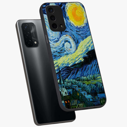 Van Gogh Art Glass Case displayed in angled mockup highlighting swirling brushstroke design with artistic aesthetic.