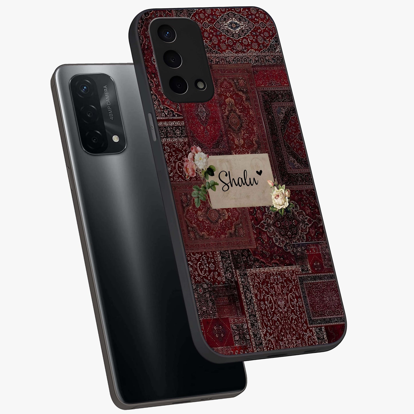 Velvet Wine Pattern Custom Name Glass Case displayed in angled mockup highlighting decorative velvet inspired design with custom name feature.