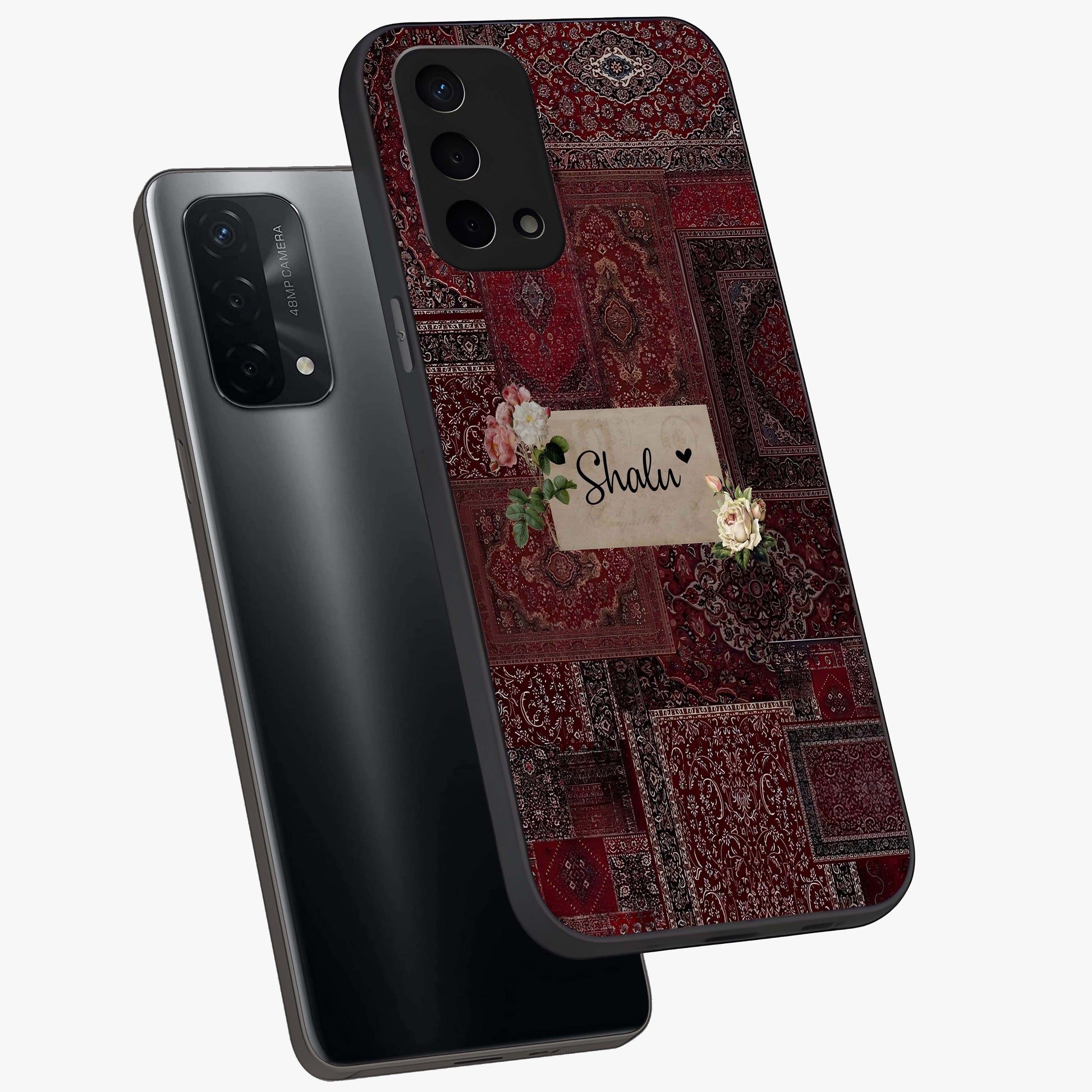 Velvet Wine Pattern Custom Name Glass Case displayed in angled mockup highlighting decorative velvet inspired design with custom name feature.