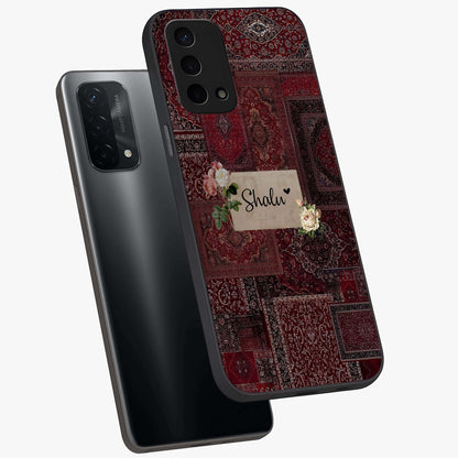 Velvet Wine Pattern Custom Name Glass Case displayed in angled mockup highlighting decorative velvet inspired design with custom name feature.