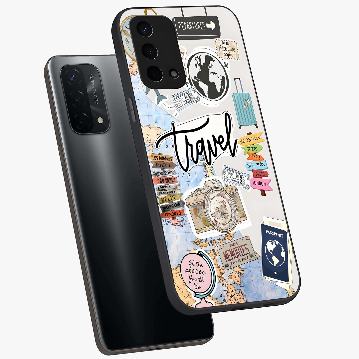 Wanderlust Journal Glass Case displayed in angled mockup highlighting adventure themed design with aesthetic travel vibe.