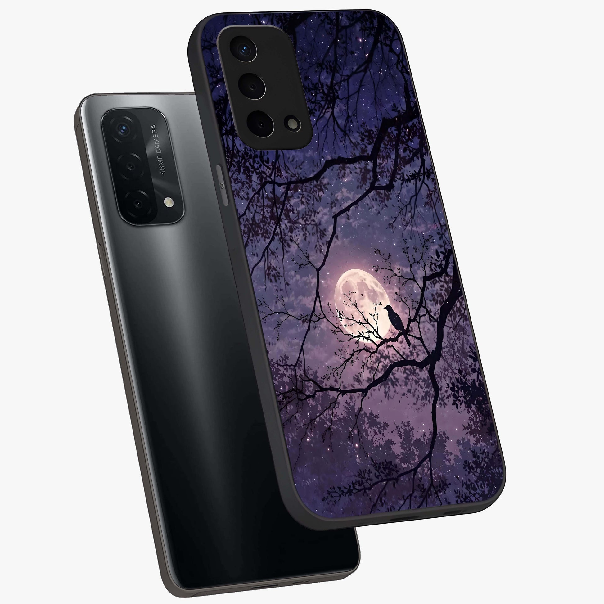 Whispering Moon Silence Glass Case displayed in angled mockup highlighting calm lunar design with dreamy night aesthetic.