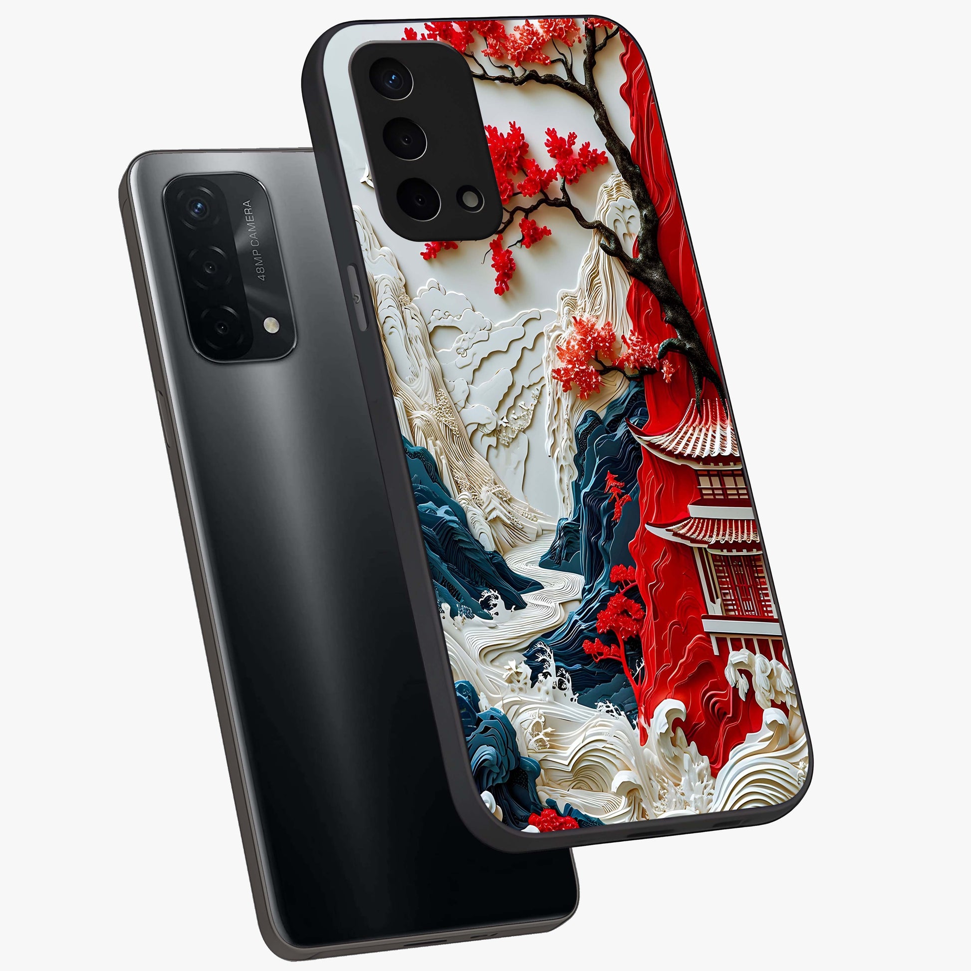 Whispers Of Sakura Waves Glass Case displayed in angled mockup highlighting flowing sakura design with soft floral aesthetic.