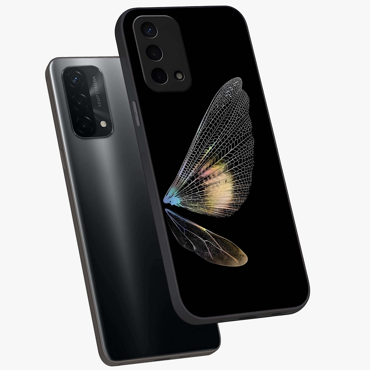 Whispers Of Wings Glass Case displayed in angled mockup highlighting soft feather design with celestial aesthetic style.