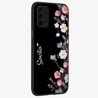 Black Elegance Floral Custom Name Glass Case upright view showcasing luxurious black floral design with personalized name detail.