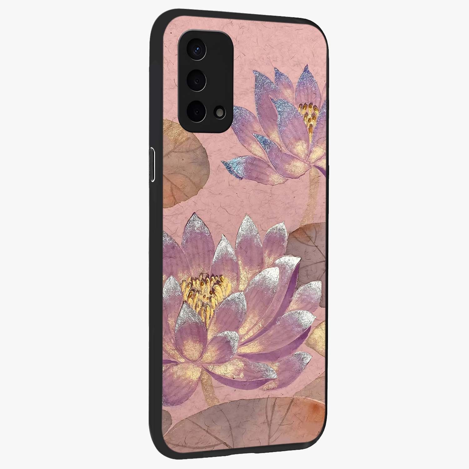 Blossom Mist Lotus Glass Case upright view showcasing graceful lotus flower design with peaceful botanical style.