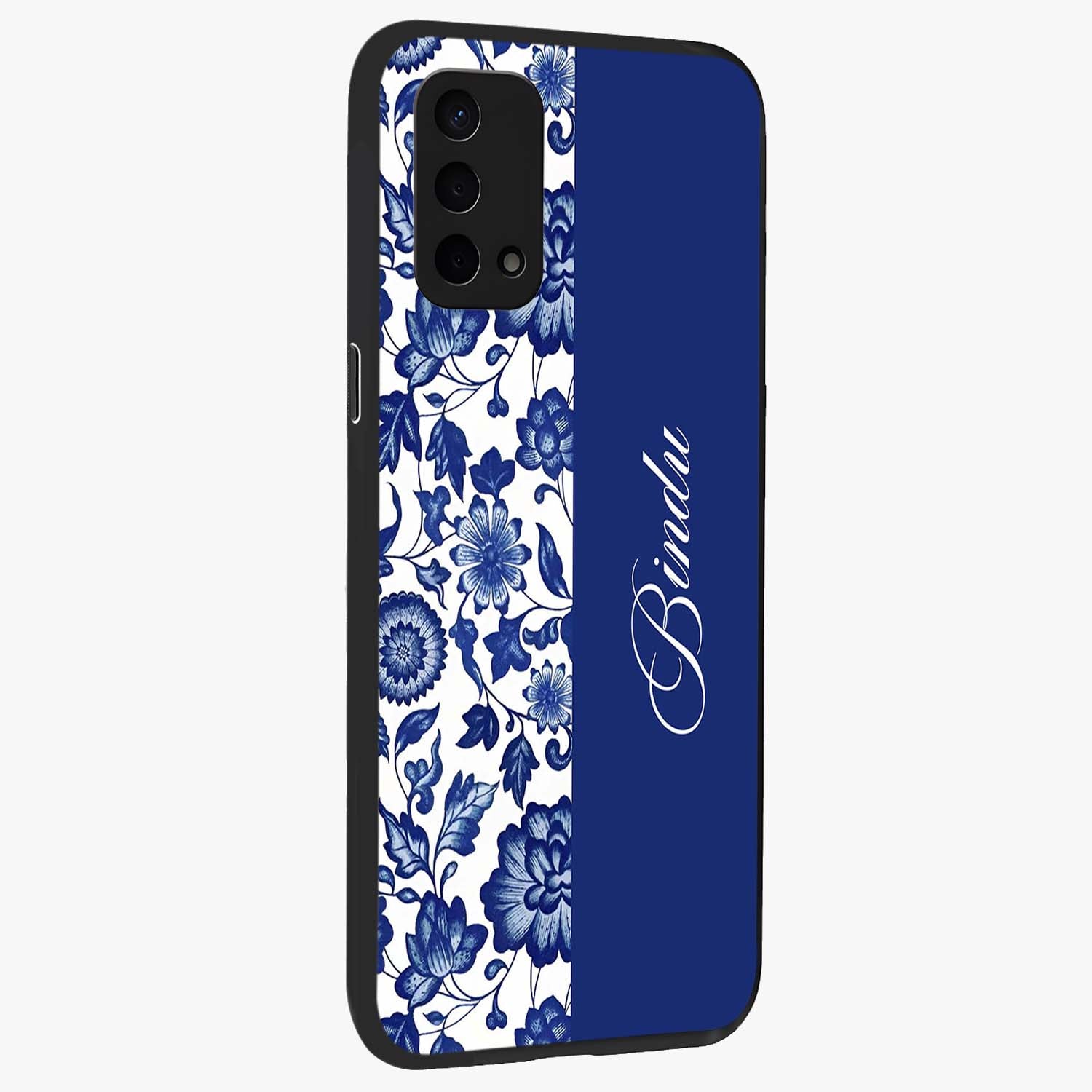 Blue Vintage Floral Pattern Glass Case upright view showcasing delicate blush floral texture with modern minimal style.