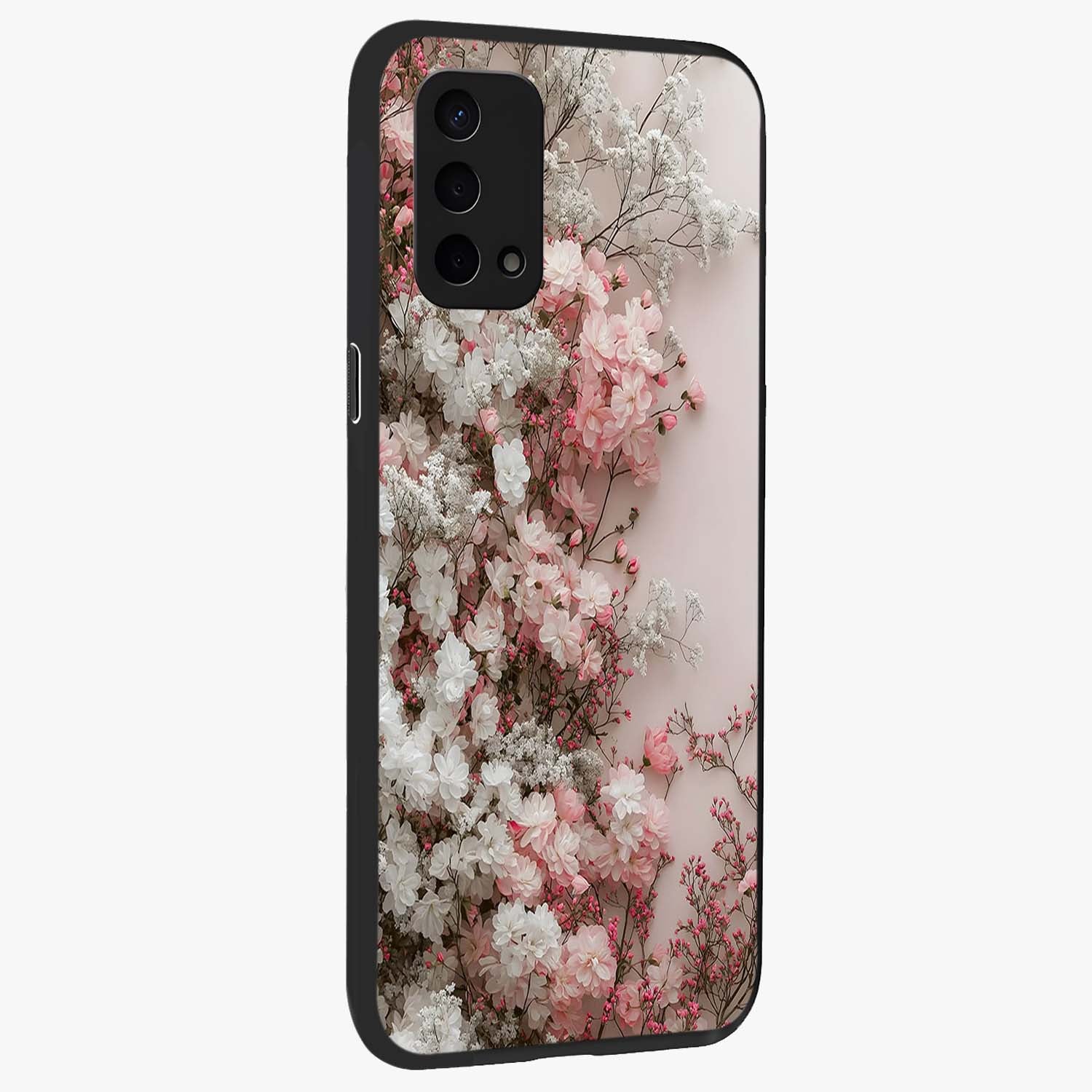 Blush Blossom Cloud Glass Case upright view showcasing calm floral cloud artwork with gentle dreamy theme.