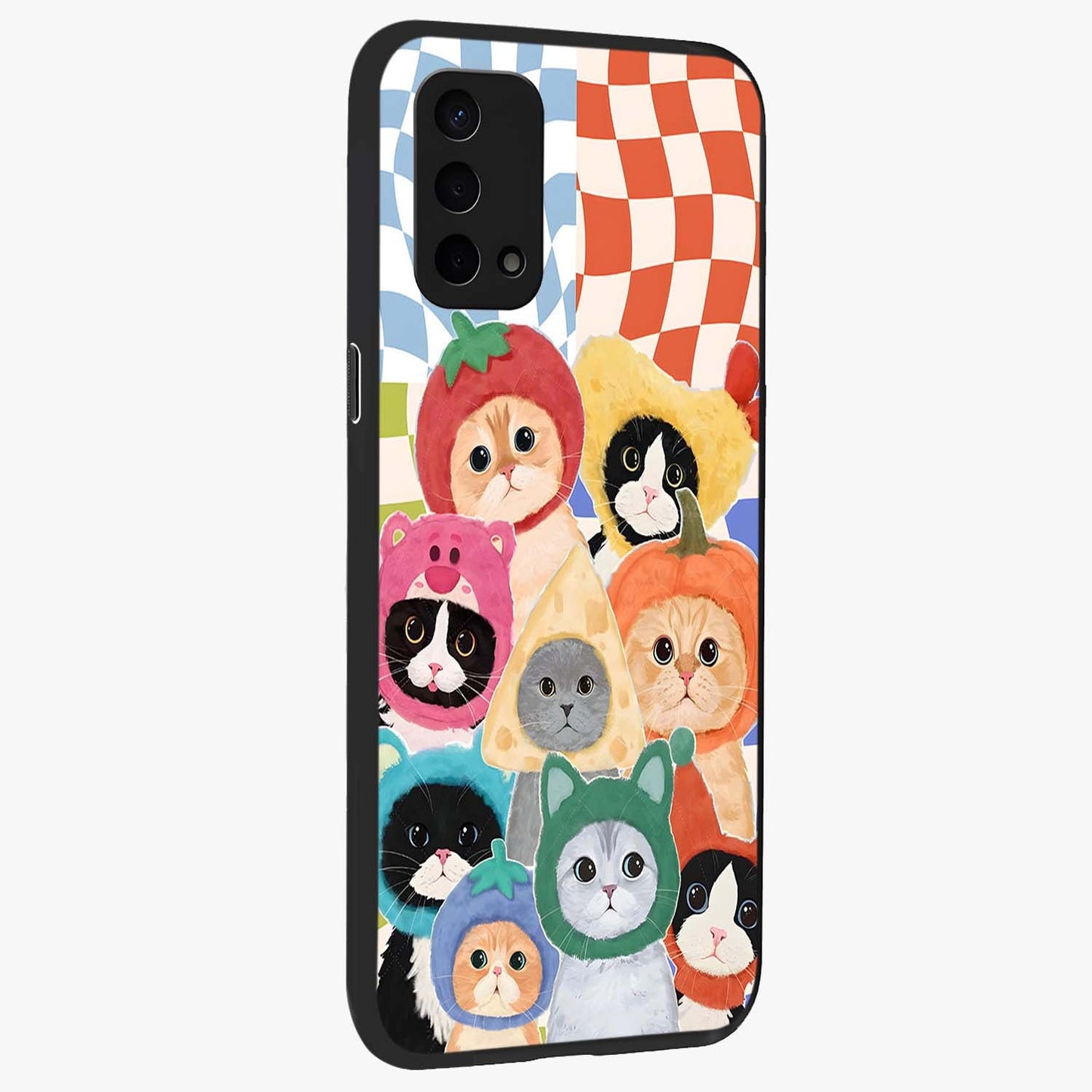 Cats in Fruits Glass Case upright view showcasing charming cat artwork with fun fruity theme.