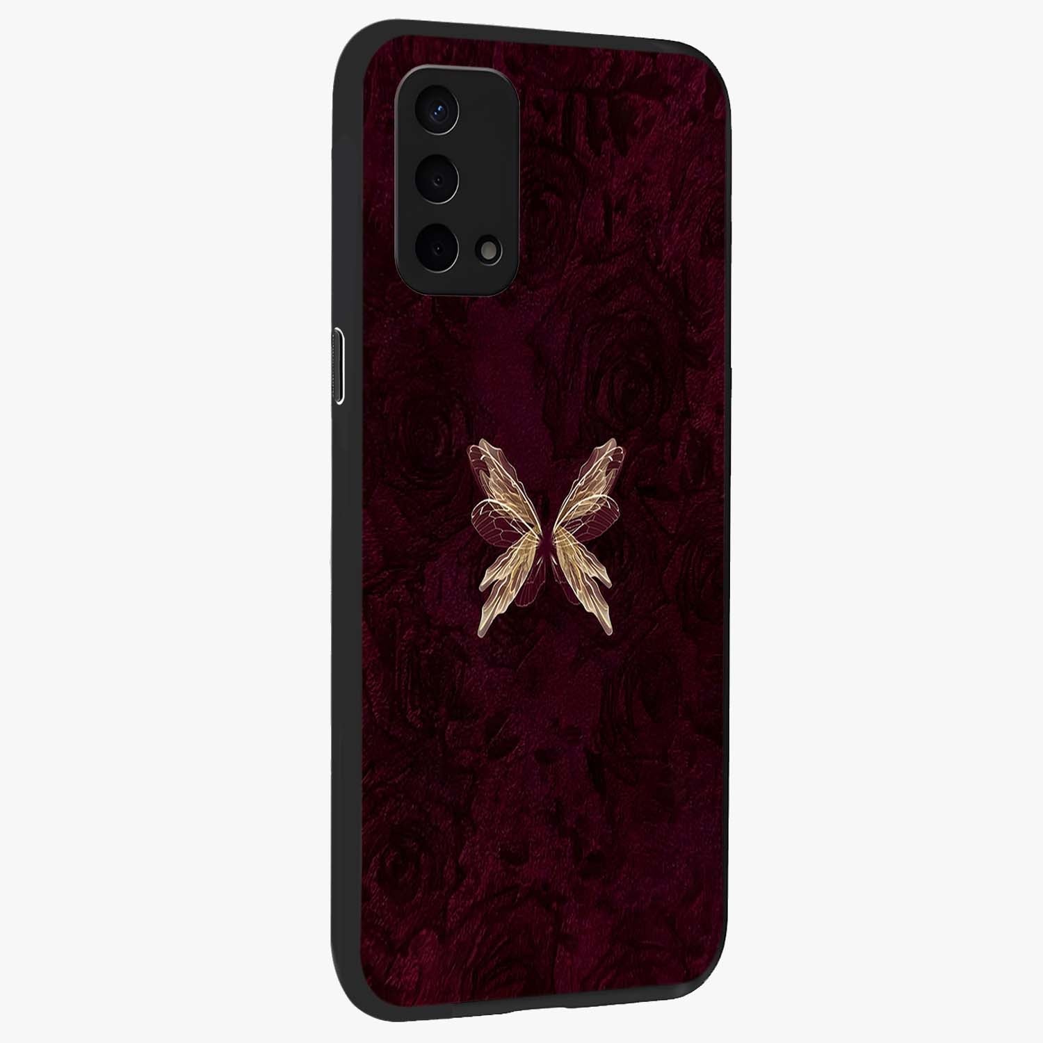 Crimson Fade Butterfly Glass Case upright view showcasing graceful butterfly artwork with soft crimson fade effect.