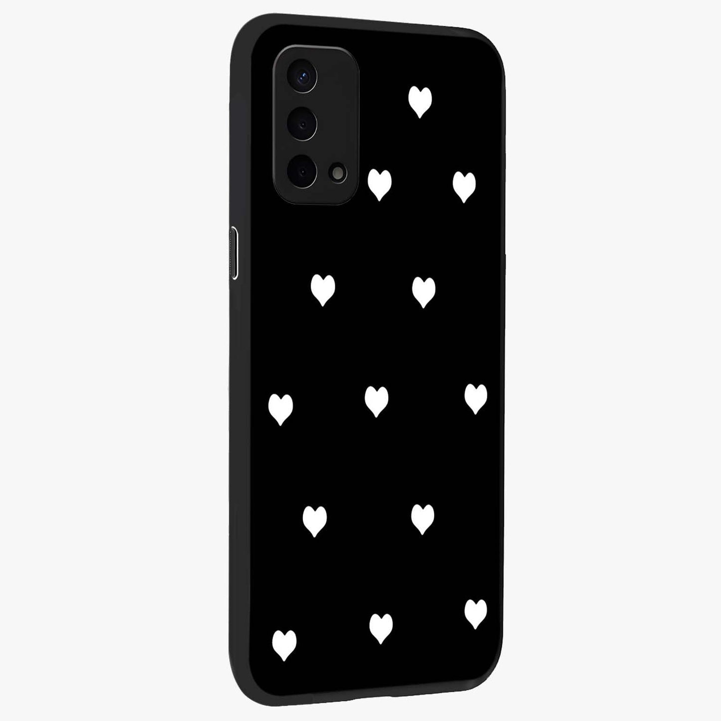 Cute And Simple White Hearts Glass Case upright view showcasing simple white hearts artwork with soft minimal theme.