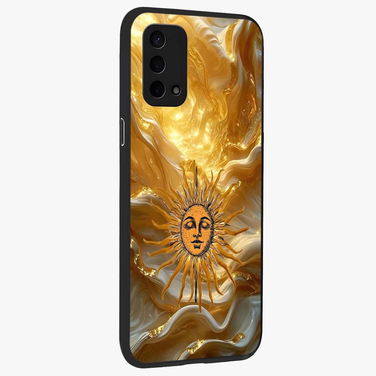 Eternal Golden Glow Glass Case upright view showcasing luminous golden artwork with luxurious visual theme.