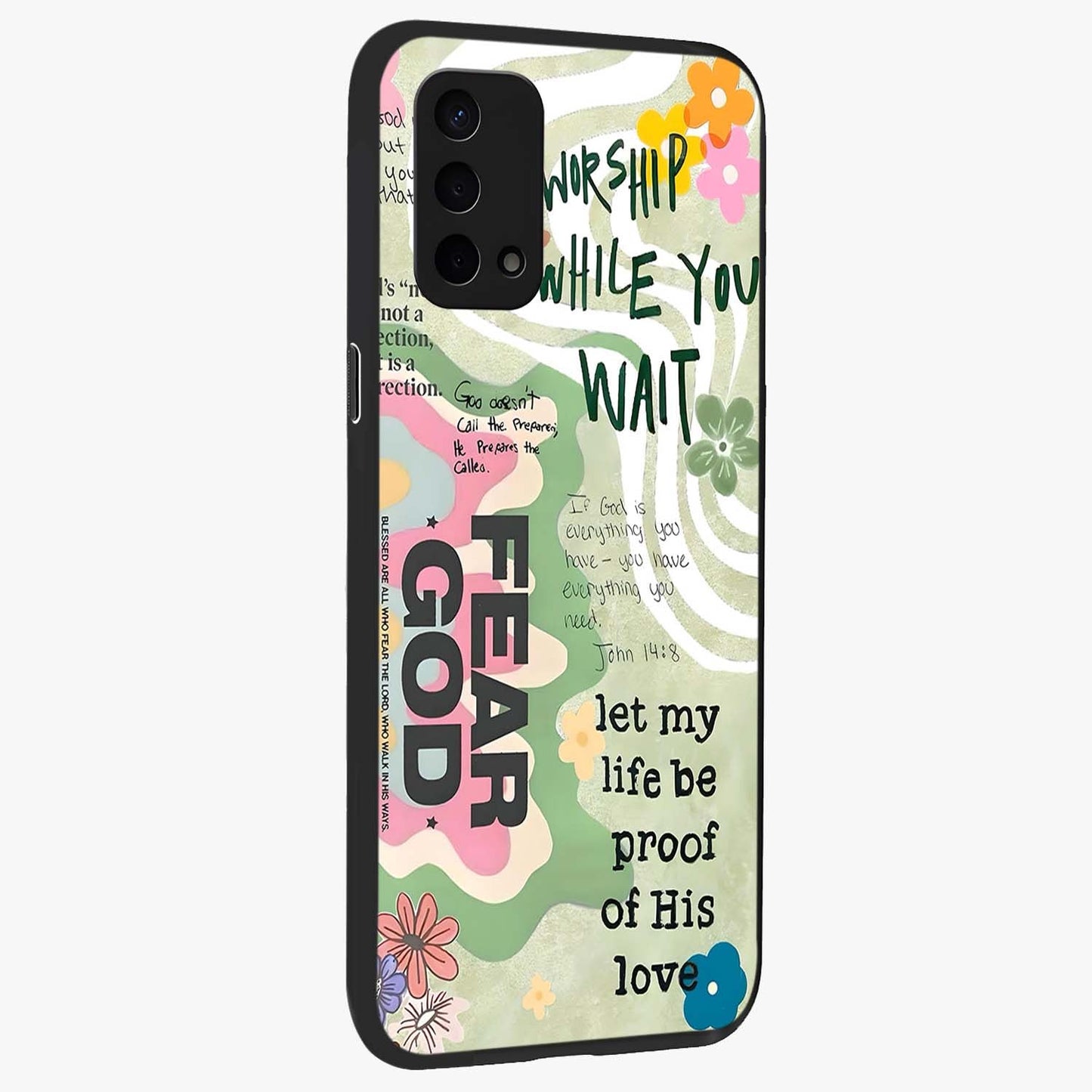 Faith Over Fear Glass Case upright view showcasing bold typography artwork with uplifting motivational theme.