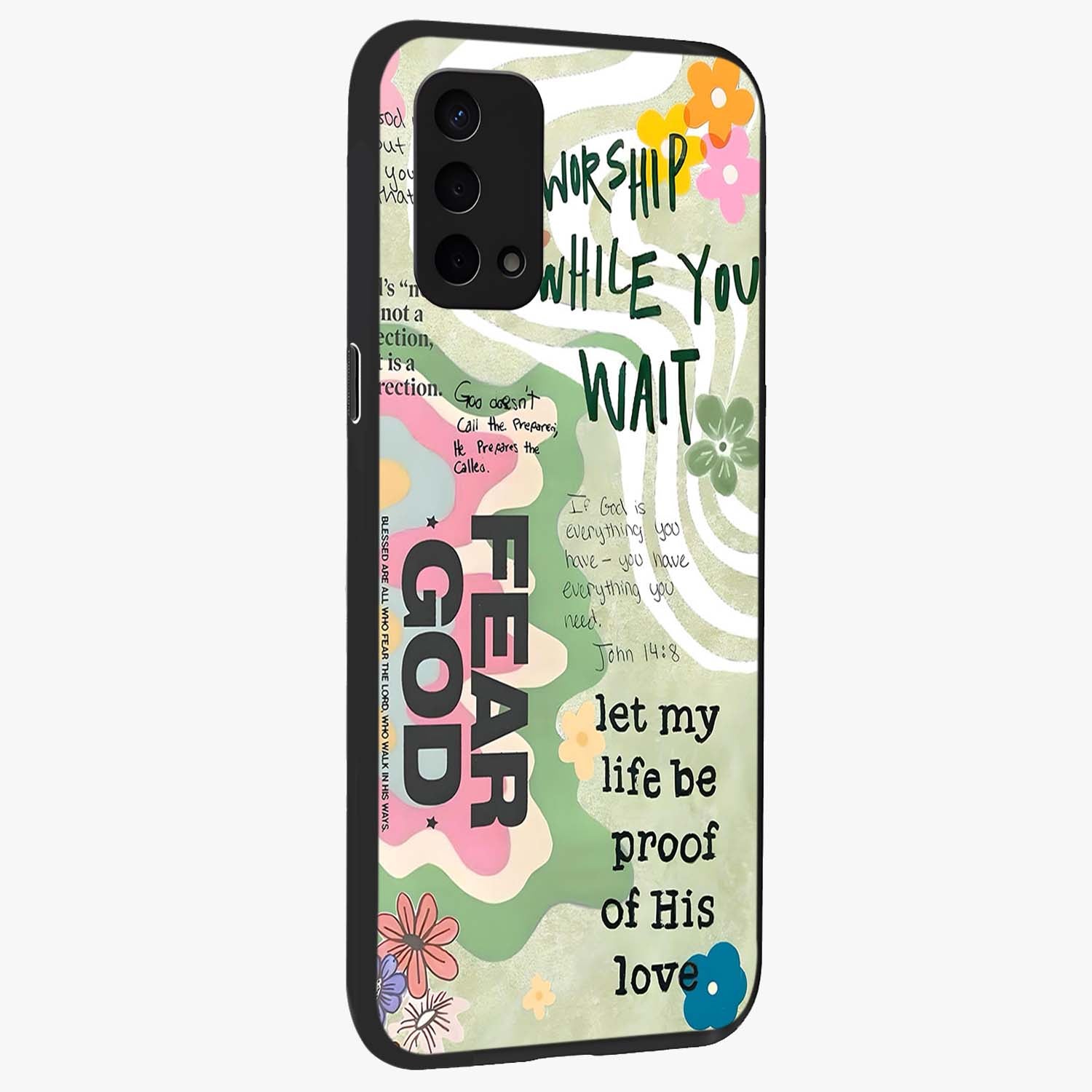 Faith Over Fear Glass Case upright view showcasing bold typography artwork with uplifting motivational theme.