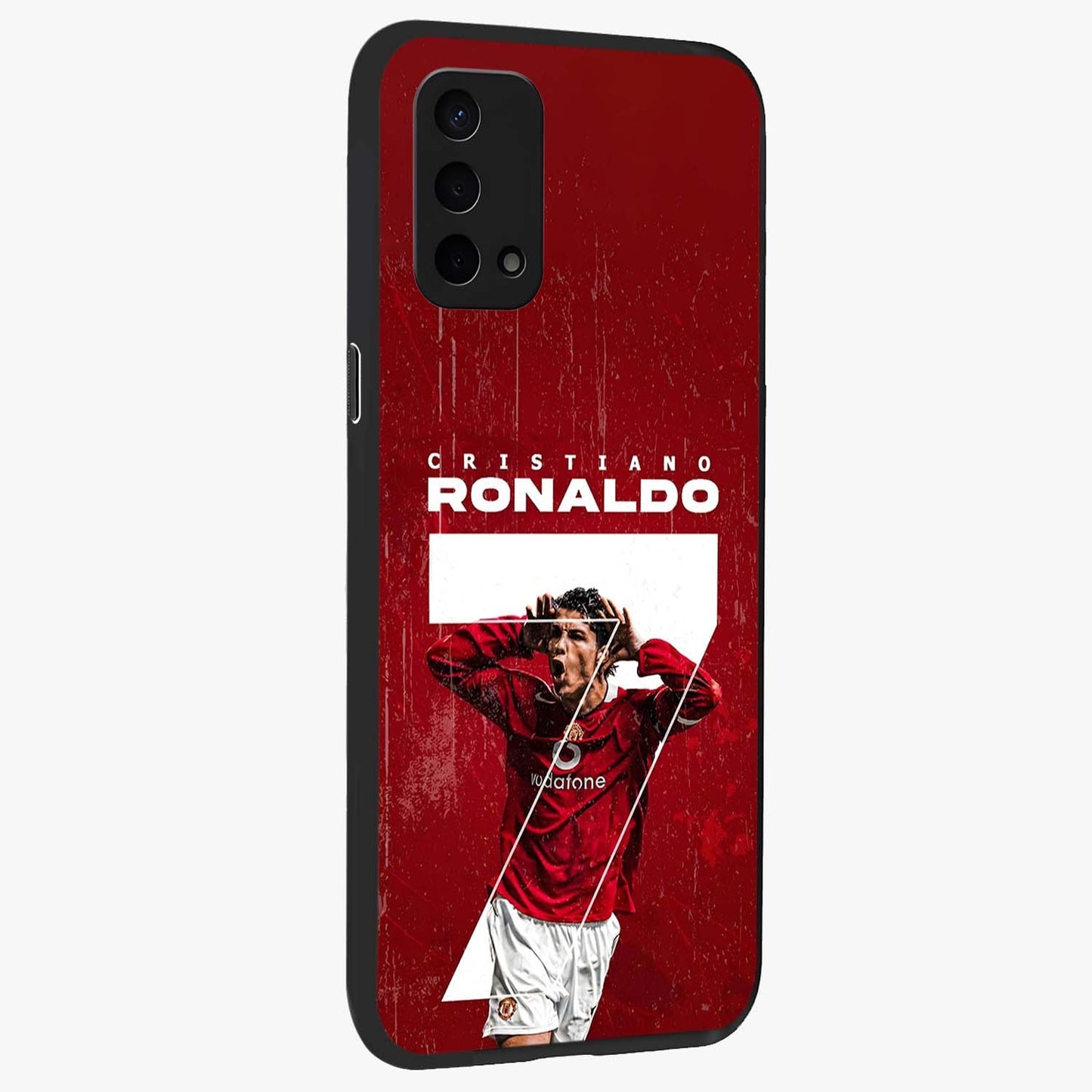 Goal Celebration Legacy Glass Case upright view showcasing dynamic football inspired artwork with victory celebration aesthetic.